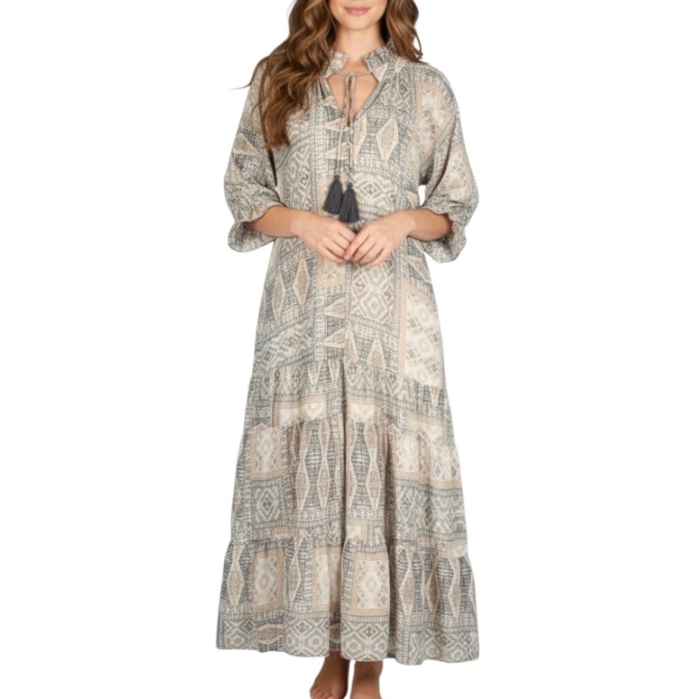 DRESS FORUM Lined CHIFFON Gray/Beige PATCHWORK Ruffle Trim TIERED MAXI DRESS S